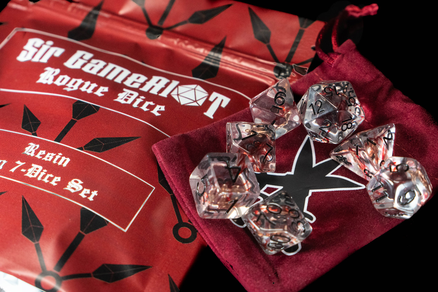 Rogue DND Dice Set – 7 Piece Red Resin Polyhedral RPG Dice with Embedded Throwing Knife Designs & Rogue Velvet Dice Bag | Fantasy TTRPG Dice for Pathfinder, Assassins, Thieves & Stealth Characters