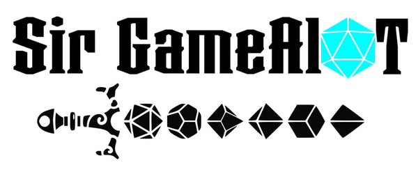 Logo of Sir GameAlot with dnd dice symbols and a blue d20 on a white background