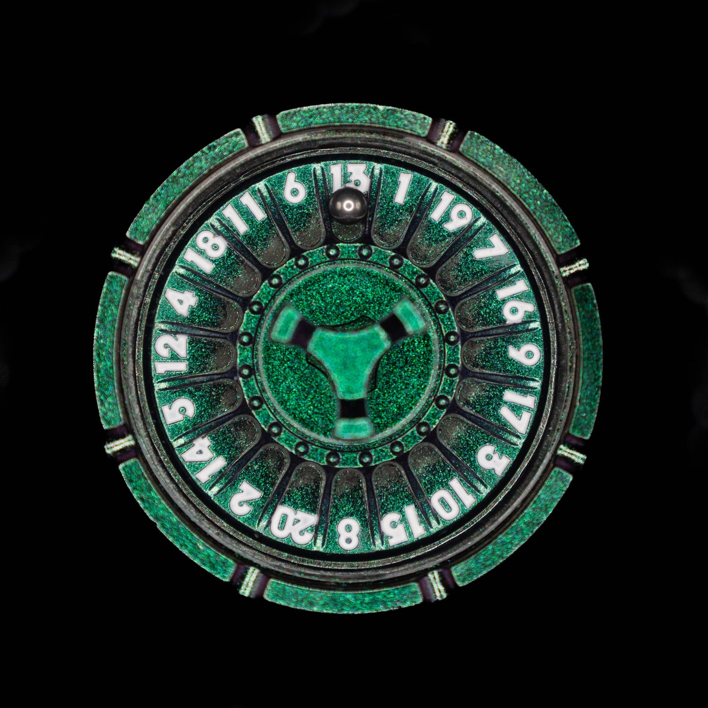 green silver roulette spinner for d20 twenty sided dice rolls in dungeons and dragons (aka dnd or d&d) or other role playing games
