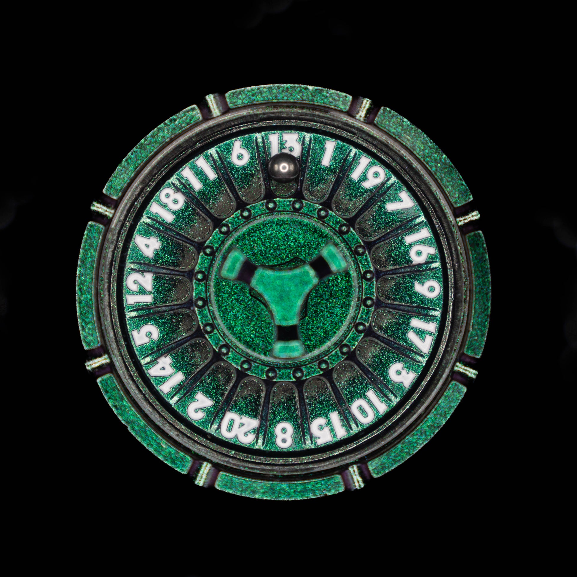 green silver roulette spinner for d20 twenty sided dice rolls in dungeons and dragons (aka dnd or d&d) or other role playing games
