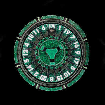green silver roulette spinner for d20 twenty sided dice rolls in dungeons and dragons (aka dnd or d&d) or other role playing games
