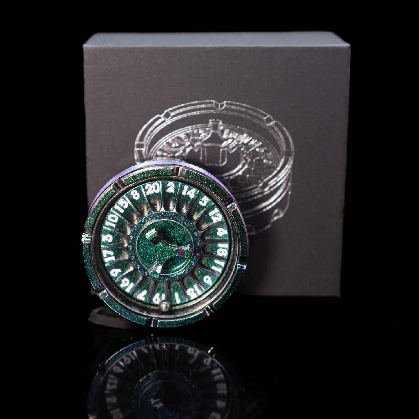green silver roulette spinner for d20 twenty sided dice rolls in dungeons and dragons (aka dnd or d&d) or other role playing games