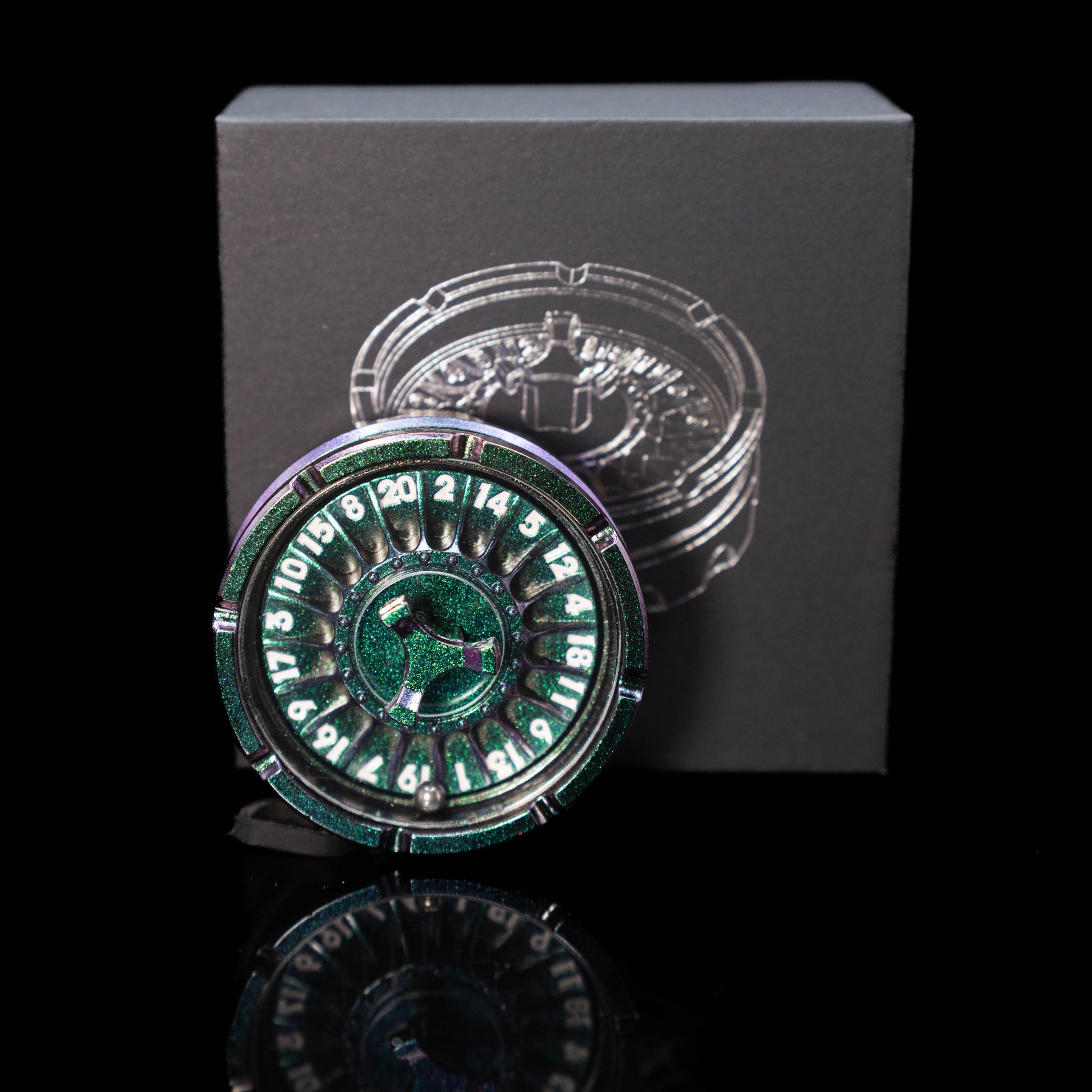 green silver roulette spinner for d20 twenty sided dice rolls in dungeons and dragons (aka dnd or d&d) or other role playing games