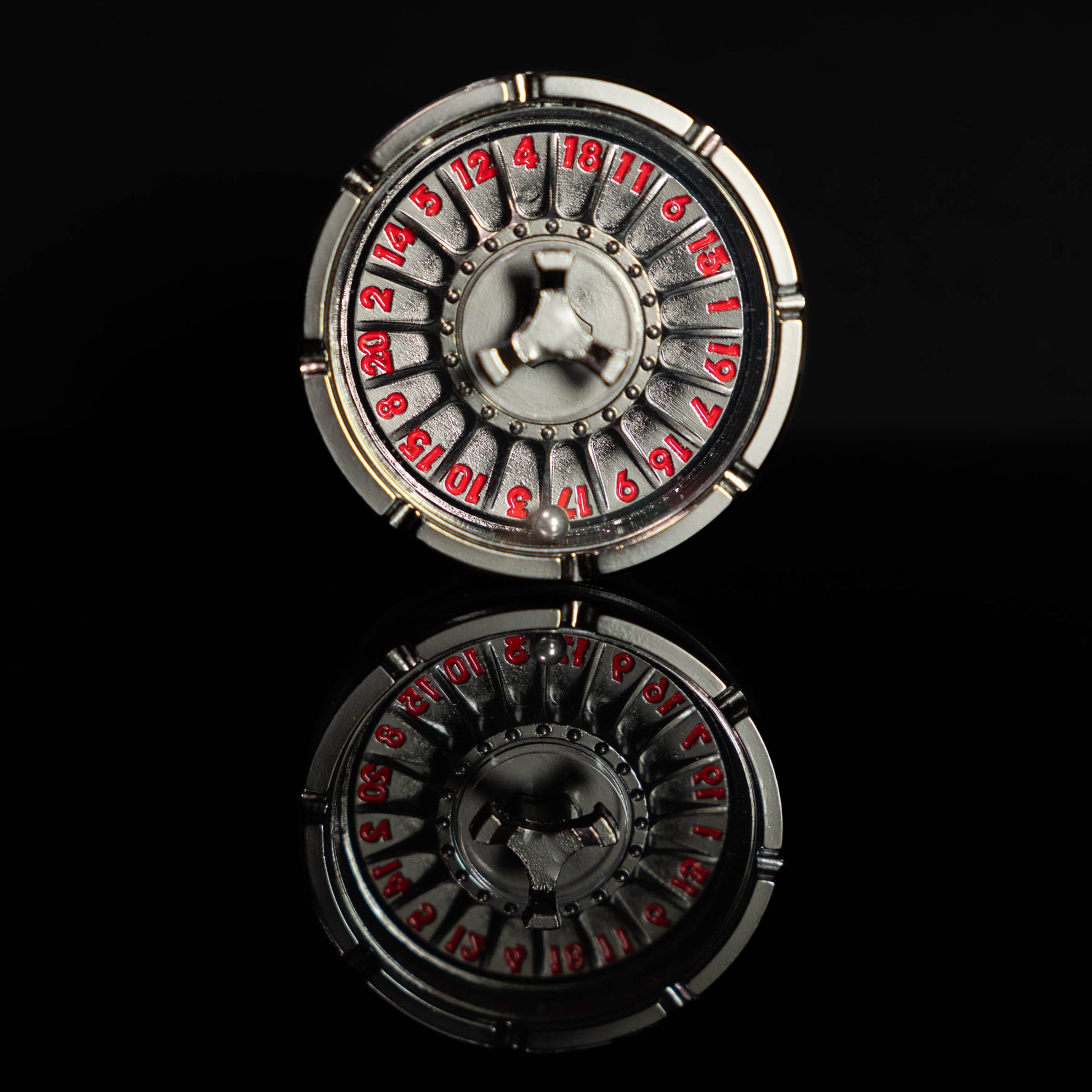black silver roulette spinner for d20 twenty sided dice rolls in dungeons and dragons (aka dnd or d&d) or other role playing games