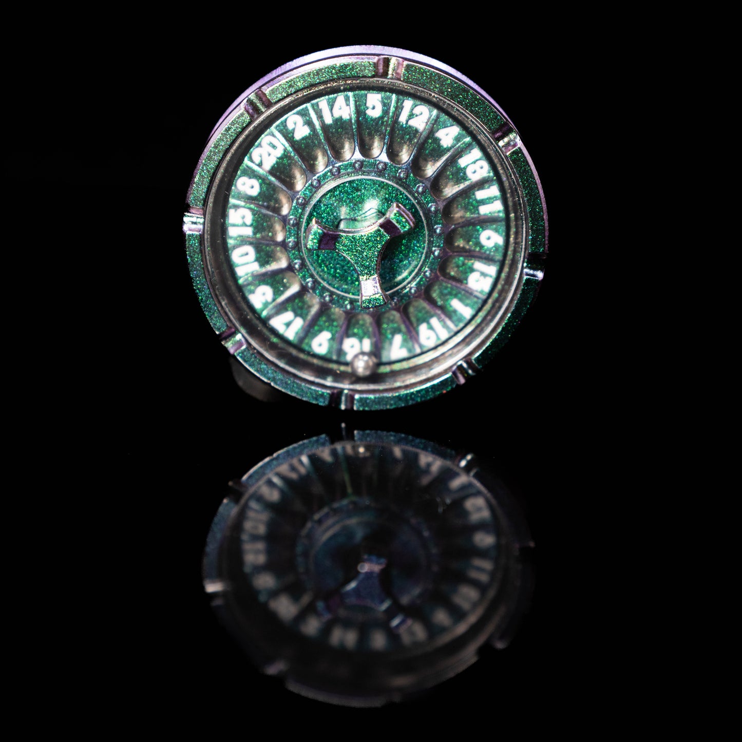 green silver roulette spinner for d20 twenty sided dice rolls in dungeons and dragons (aka dnd or d&d) or other role playing games