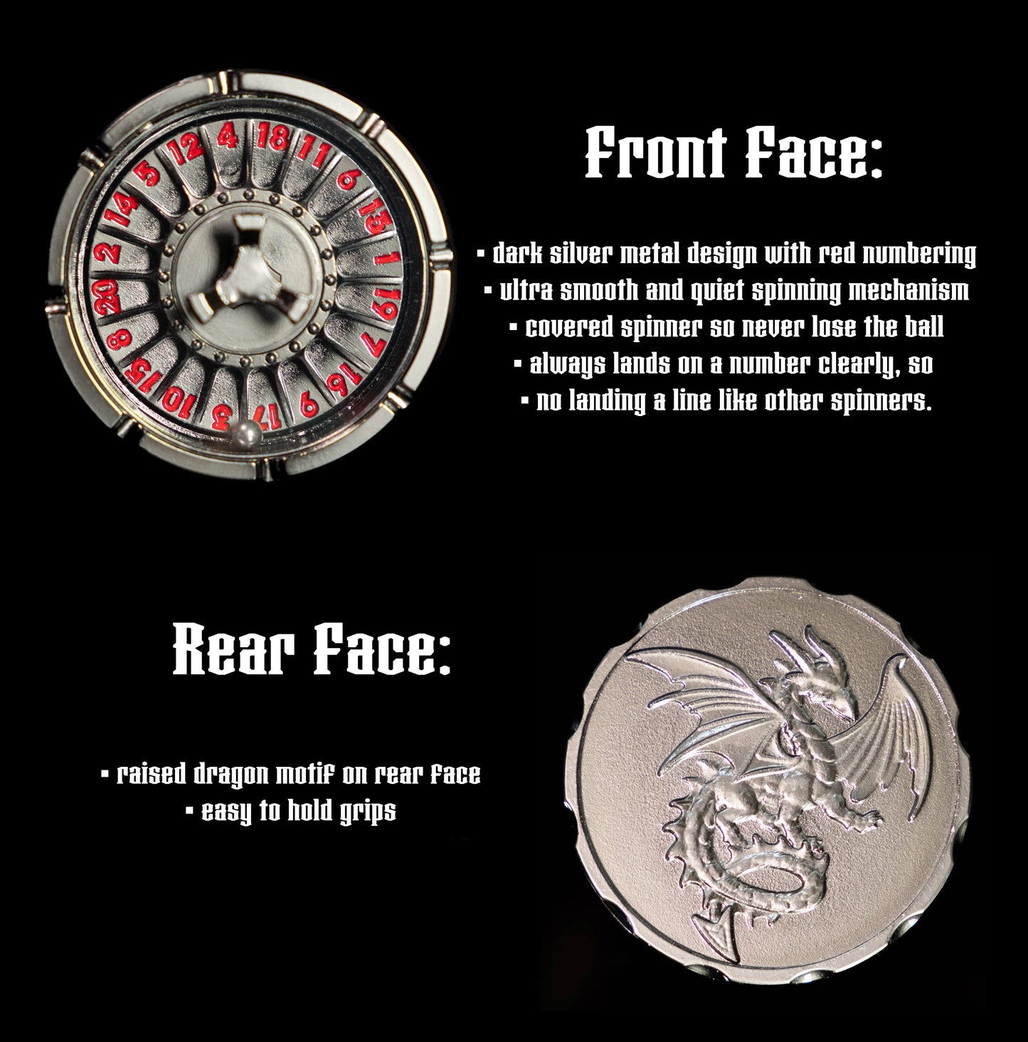 features of roulette spinner for d20 twenty sided dice rolls in dungeons and dragons (aka dnd or d&d) or other role playing games