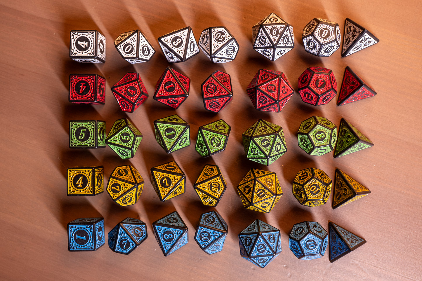 victorian steampunk design acrylic dungeons and dragons (aka dnd or d&d) game dice set, including a d20, d12, d10, d8, d6, and d4