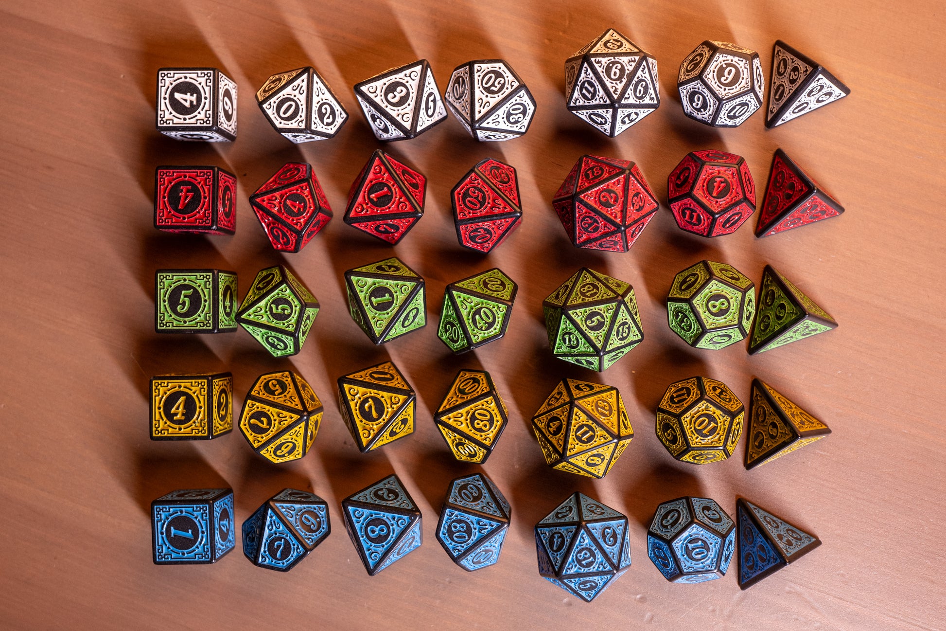 victorian steampunk design acrylic dungeons and dragons (aka dnd or d&d) game dice set, including a d20, d12, d10, d8, d6, and d4