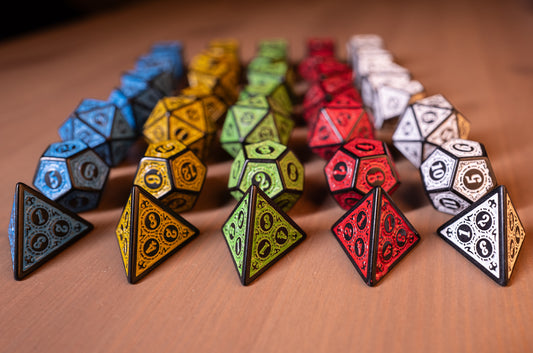 victorian steampunk design acrylic dungeons and dragons (aka dnd or d&d) game dice set, including a d20, d12, d10, d8, d6, and d4