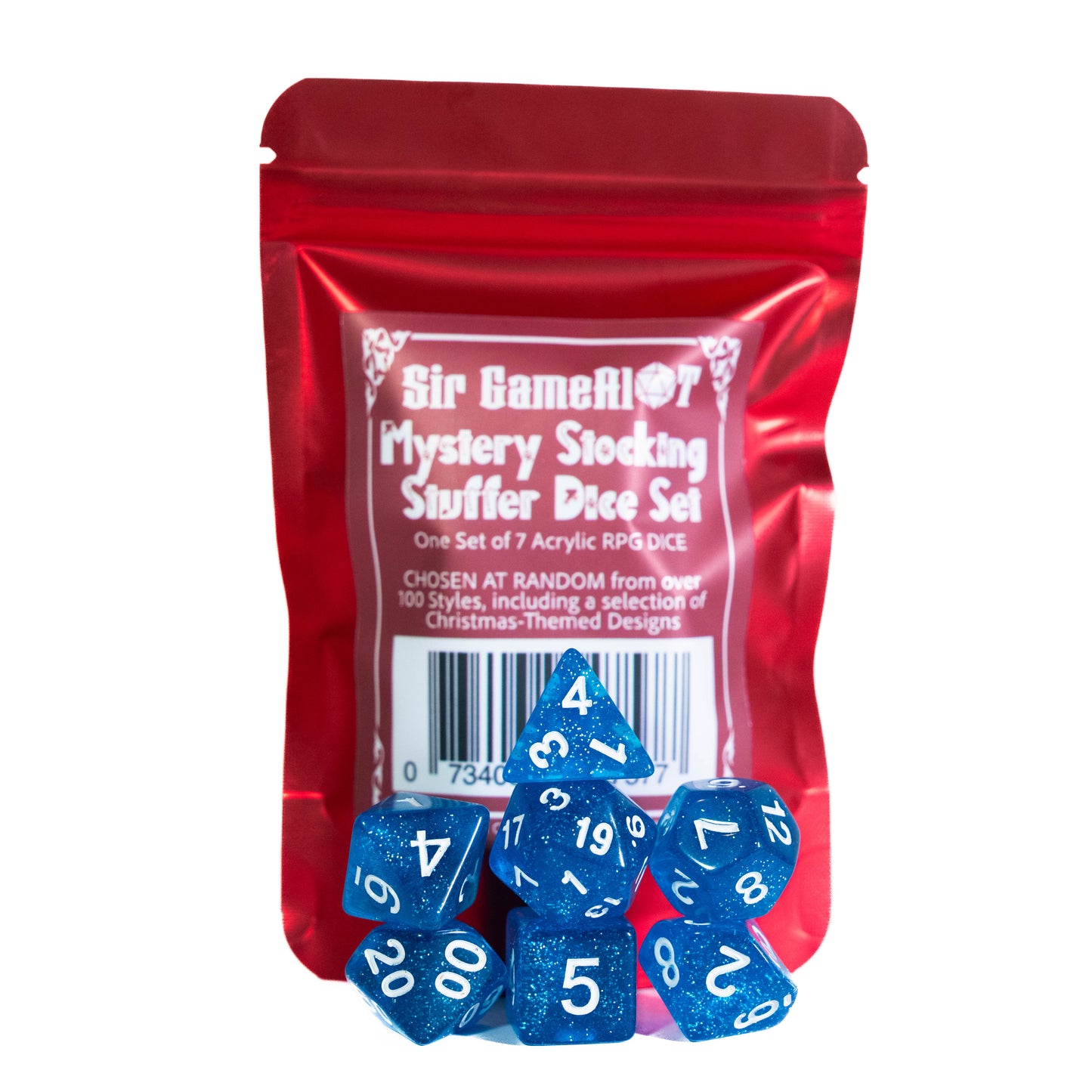 mystery stocking stuffer Christmas themed packaging dungeons and dragons (aka dnd or d&d) game dice set, including a d20, d12, d10, d8, d6, and d4
