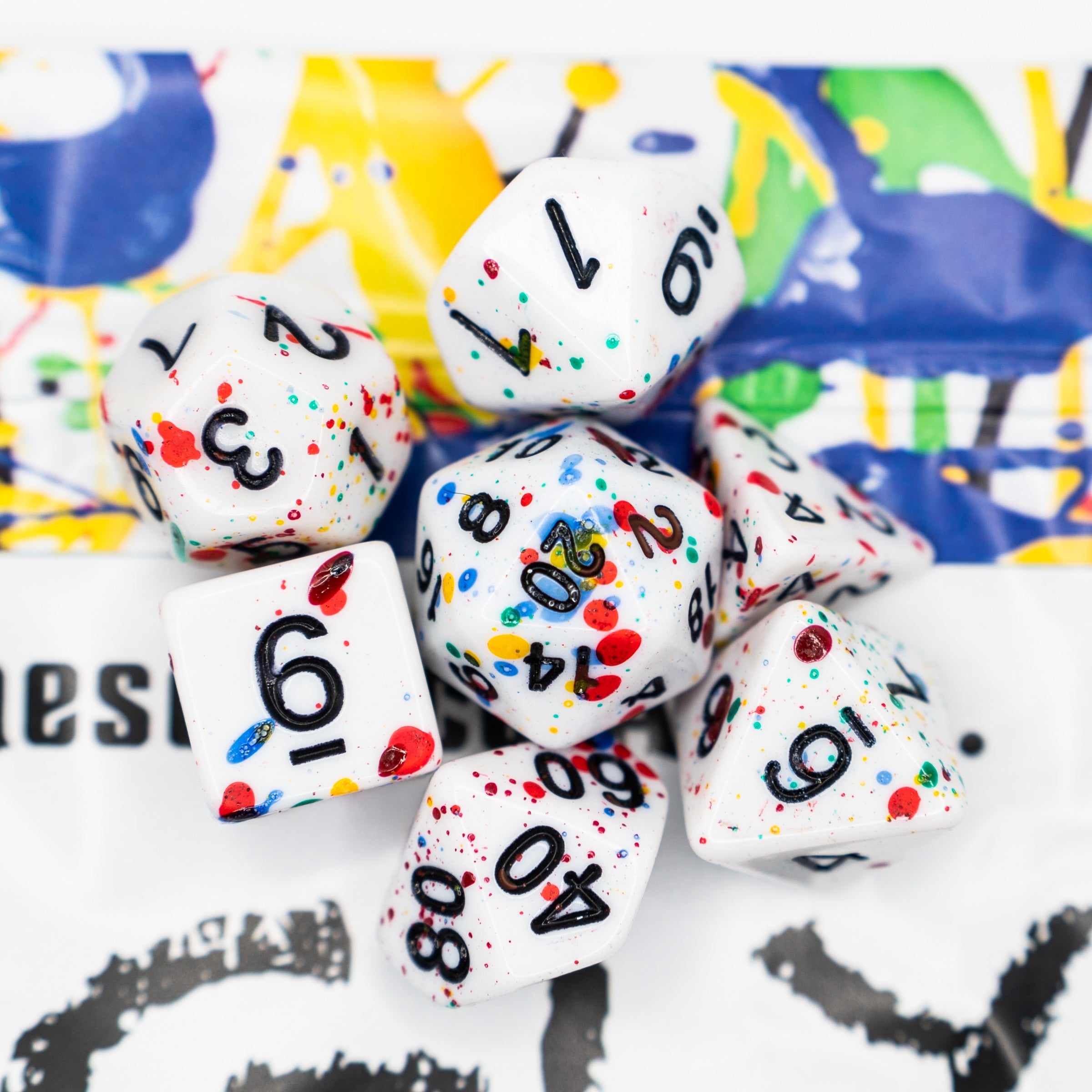ugly fun themed dungeons and dragons (aka dnd or d&d) game dice set, including a d20, d12, d10, d8, d6, and d4