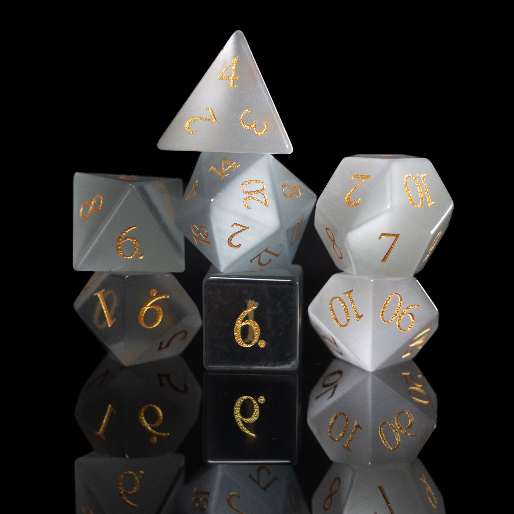 white cat's eye gemstone dnd dice set
