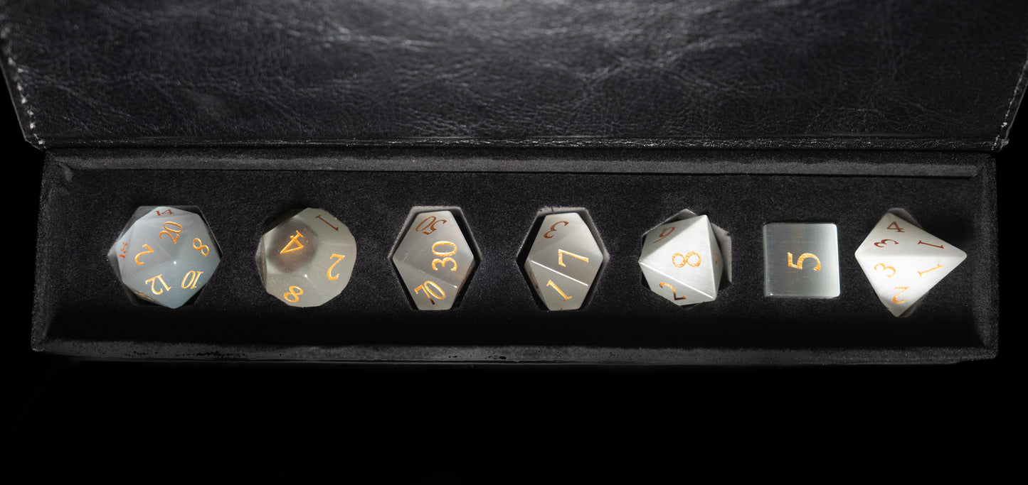white cat's eye gemstone dnd dice set