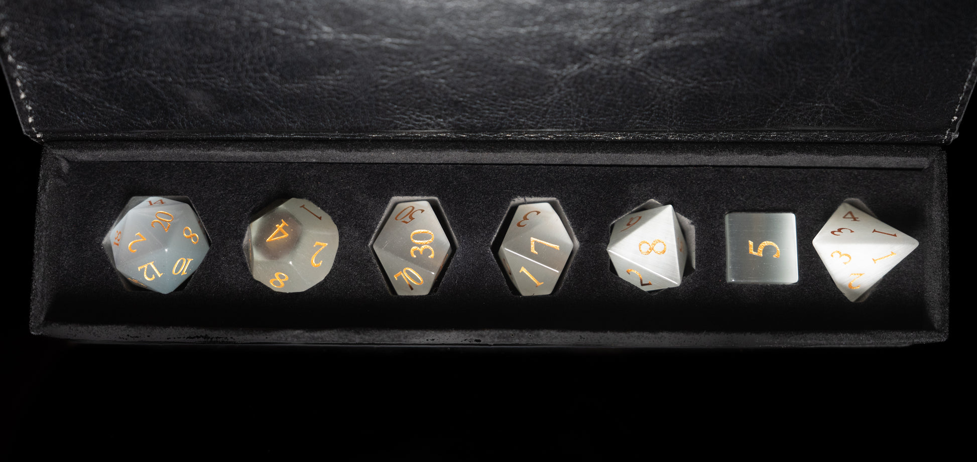 white cat's eye gemstone dnd dice set