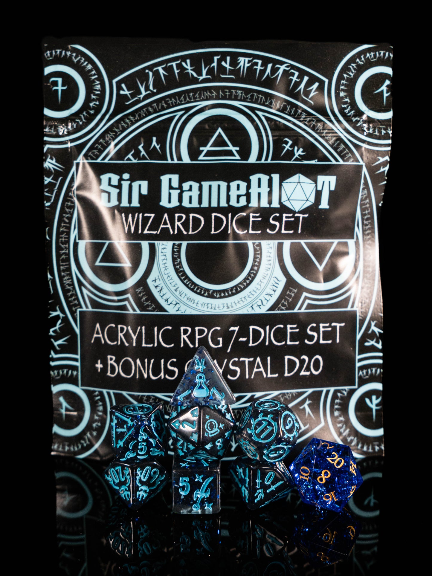 Wizard DND Dice Set – 8 Piece Acrylic Polyhedral RPG Dice with Arcane Symbols, Bonus Blue Cracked Crystal D20 & Wizard Dice Bag | Fantasy TTRPG Dice for Pathfinder, Mages & Spellcasters