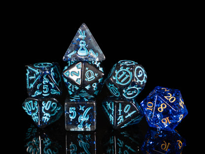 Wizard DND Dice Set – 8 Piece Acrylic Polyhedral RPG Dice with Arcane Symbols, Bonus Blue Cracked Crystal D20 & Wizard Dice Bag | Fantasy TTRPG Dice for Pathfinder, Mages & Spellcasters