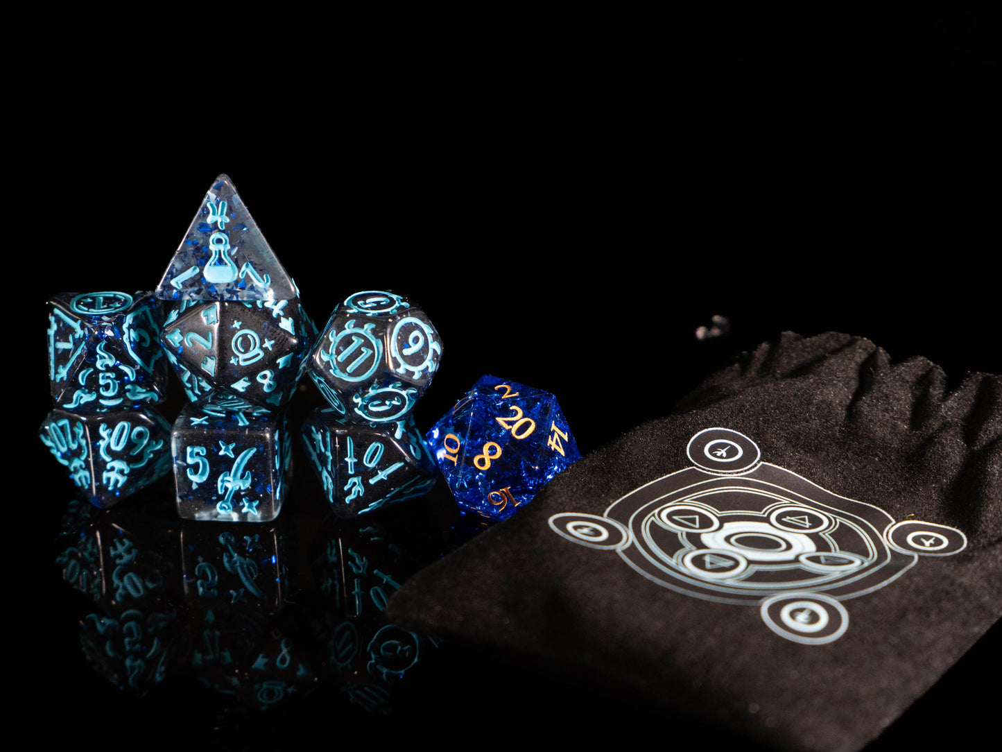 Wizard DND Dice Set – 8 Piece Acrylic Polyhedral RPG Dice with Arcane Symbols, Bonus Blue Cracked Crystal D20 & Wizard Dice Bag | Fantasy TTRPG Dice for Pathfinder, Mages & Spellcasters