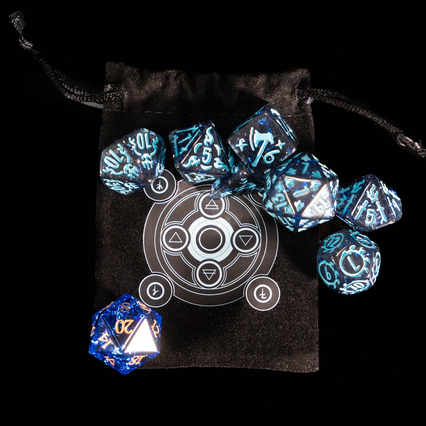 Wizard DND Dice Set – 8 Piece Acrylic Polyhedral RPG Dice with Arcane Symbols, Bonus Blue Cracked Crystal D20 & Wizard Dice Bag | Fantasy TTRPG Dice for Pathfinder, Mages & Spellcasters