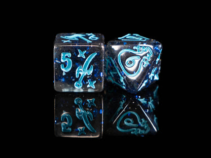 Wizard DND Dice Set – 8 Piece Acrylic Polyhedral RPG Dice with Arcane Symbols, Bonus Blue Cracked Crystal D20 & Wizard Dice Bag | Fantasy TTRPG Dice for Pathfinder, Mages & Spellcasters