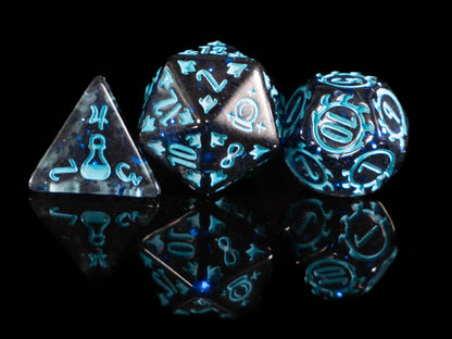 Wizard DND Dice Set – 8 Piece Acrylic Polyhedral RPG Dice with Arcane Symbols, Bonus Blue Cracked Crystal D20 & Wizard Dice Bag | Fantasy TTRPG Dice for Pathfinder, Mages & Spellcasters