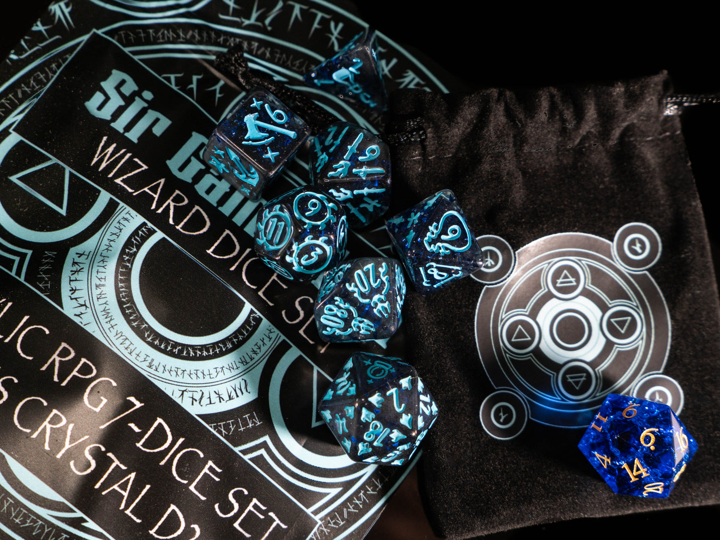 Wizard DND Dice Set – 8 Piece Acrylic Polyhedral RPG Dice with Arcane Symbols, Bonus Blue Cracked Crystal D20 & Wizard Dice Bag | Fantasy TTRPG Dice for Pathfinder, Mages & Spellcasters