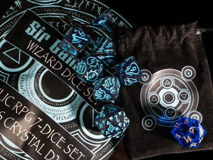Wizard DND Dice Set – 8 Piece Acrylic Polyhedral RPG Dice with Arcane Symbols, Bonus Blue Cracked Crystal D20 & Wizard Dice Bag | Fantasy TTRPG Dice for Pathfinder, Mages & Spellcasters