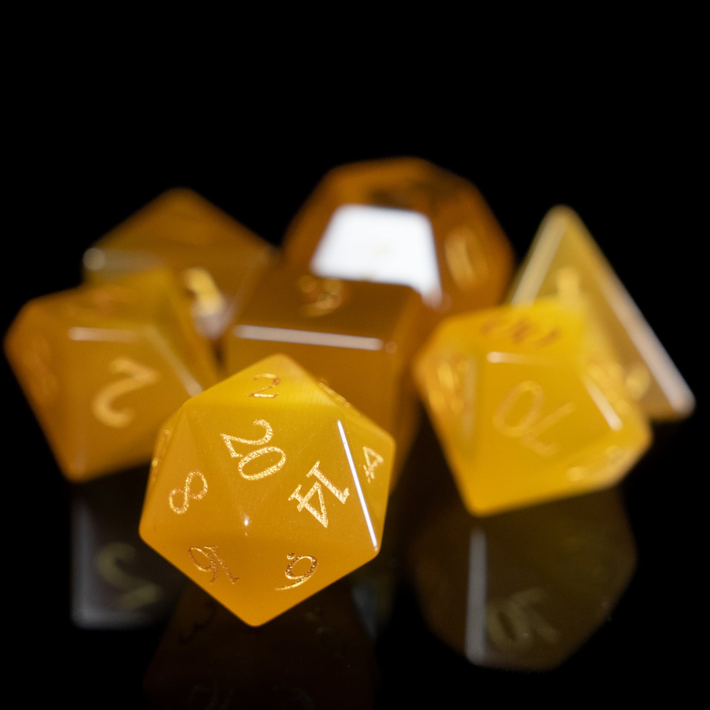 yellow cat's eye gemstone dnd dice set