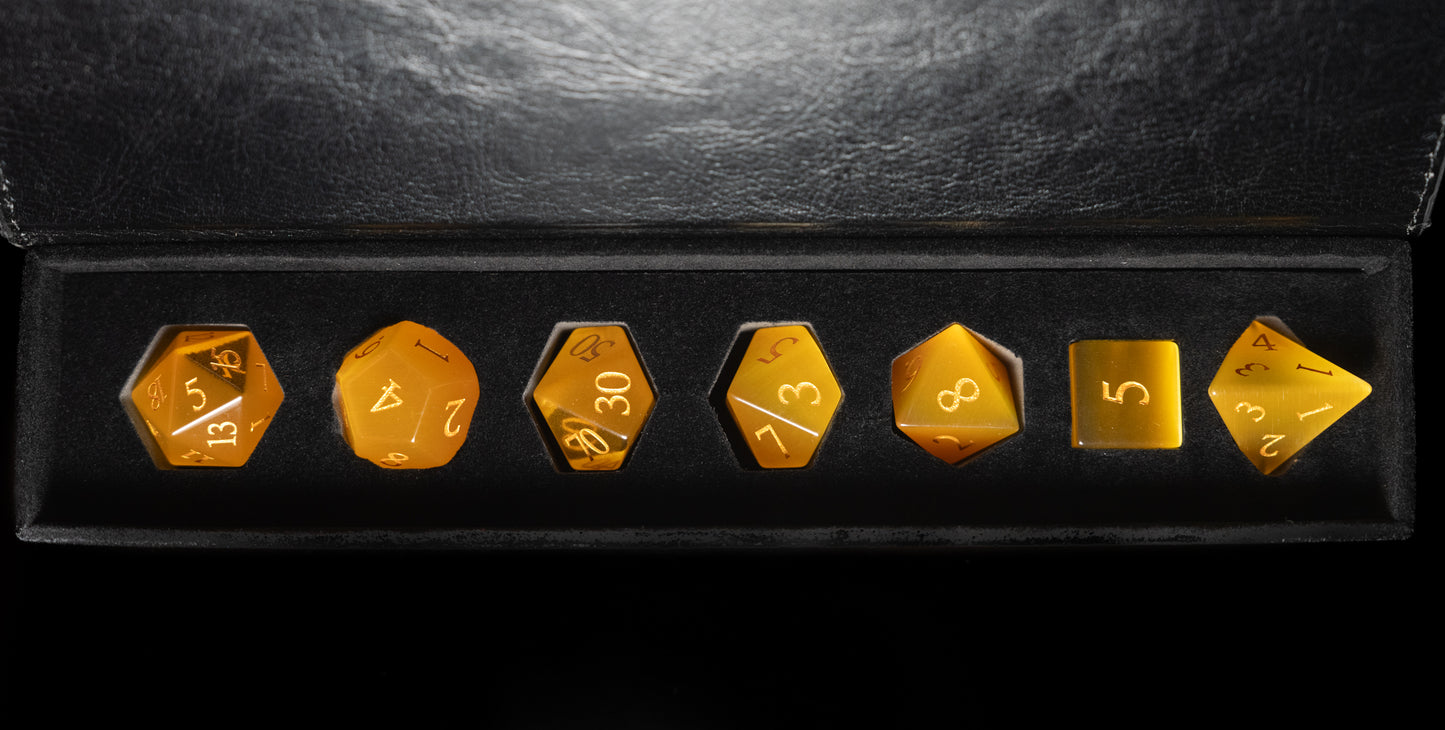 yellow cat's eye gemstone dnd dice set